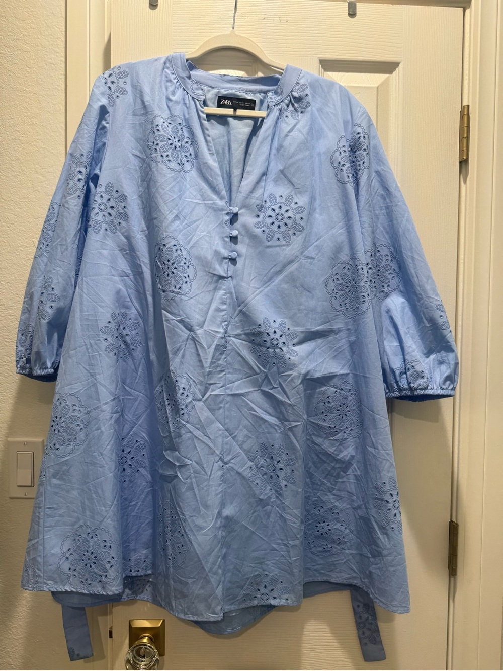 Zara Light Blue Eyelet laser, cut swing Dress